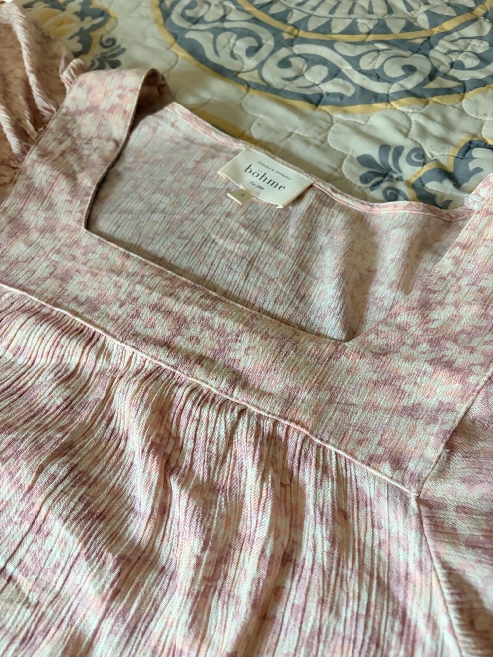 Bohme Pink Feminine Floral Pleated Square-Neck Womens Blouse Top, Small - Picture 9 of 10